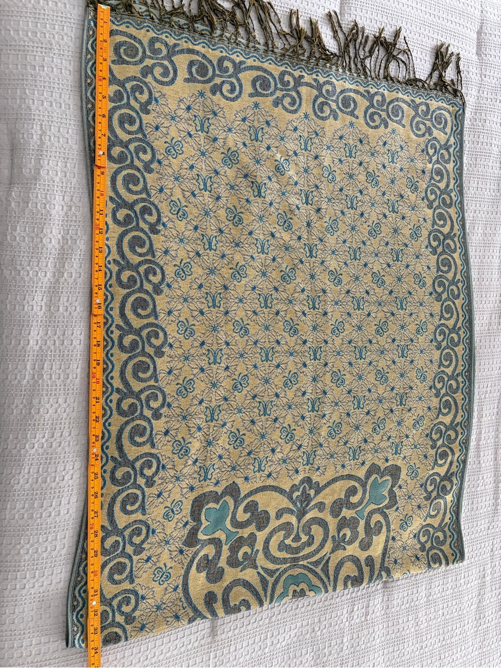 Pashmina Teal Gold Floral Butterfly Jacquard Fringe Scarf 68X27 - Picture 9 of 10